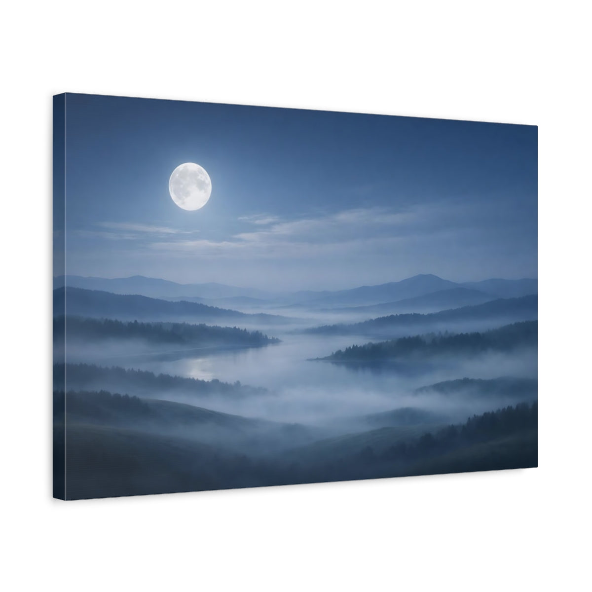 Side Mockup 3. Nature Misty Landscape Misty Moonlight shown as stretched canvas wall art