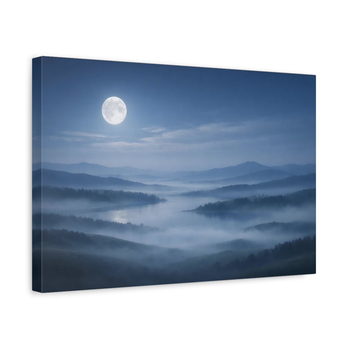 Side Mockup 4. Nature Misty Landscape Misty Moonlight shown as stretched canvas wall art