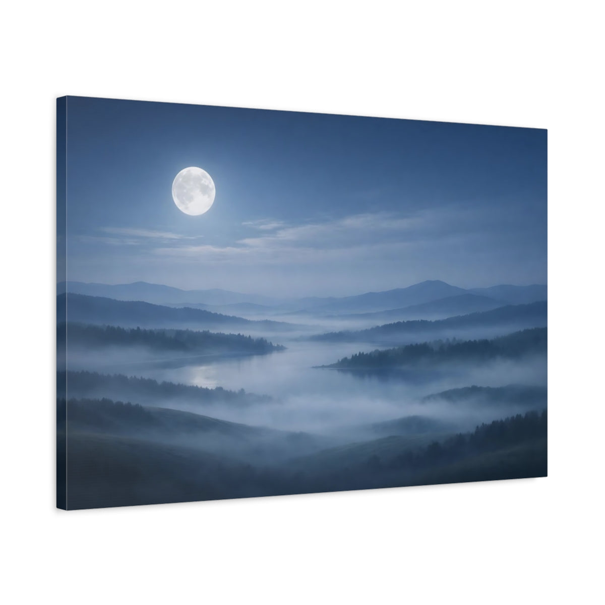 Side Mockup 2. Nature Misty Landscape Misty Moonlight shown as stretched canvas wall art