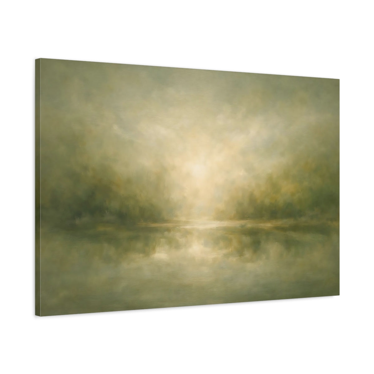 Side Mockup 1. Nature Misty Landscape Muted Green Landscape shown as stretched canvas wall art