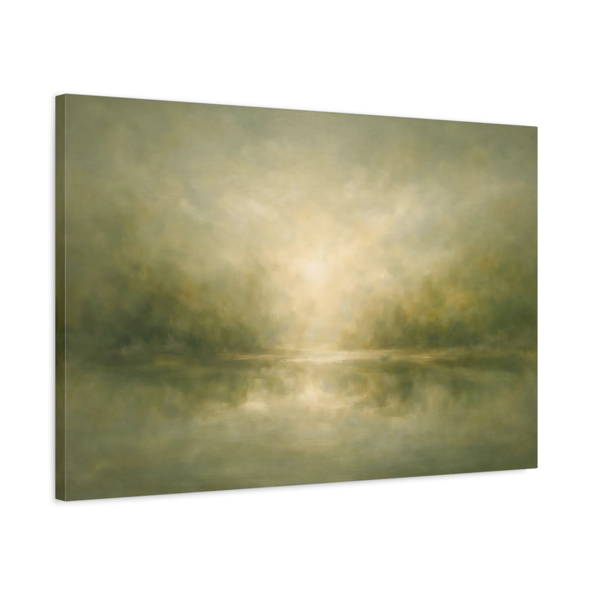 Side Mockup 2. Nature Misty Landscape Muted Green Landscape shown as stretched canvas wall art