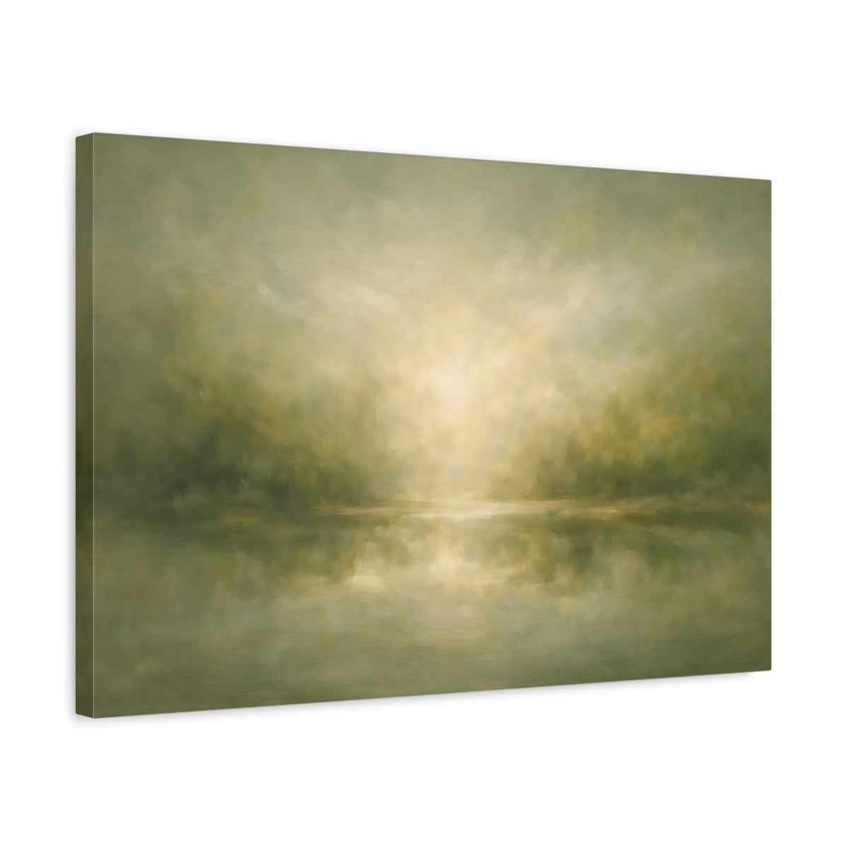 Side Mockup 3. Nature Misty Landscape Muted Green Landscape shown as stretched canvas wall art
