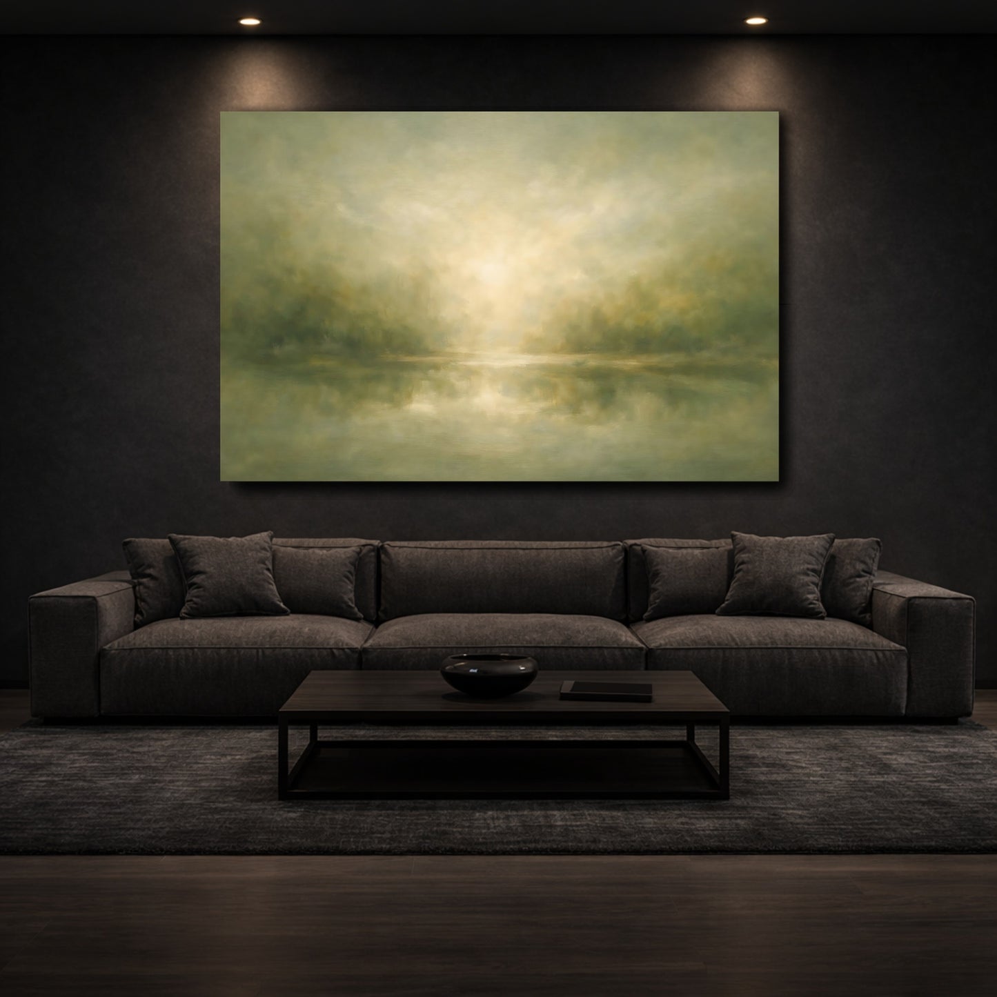 Mockup 2. Nature Misty Landscape Muted Green Landscape shown as stretched canvas wall art