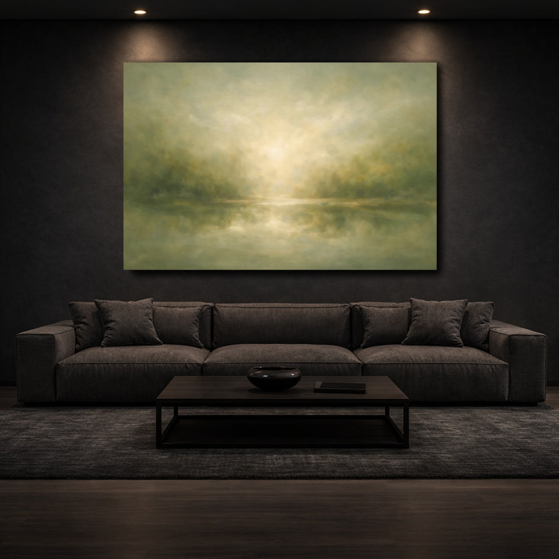 Mockup 2. Nature Misty Landscape Muted Green Landscape shown as stretched canvas wall art