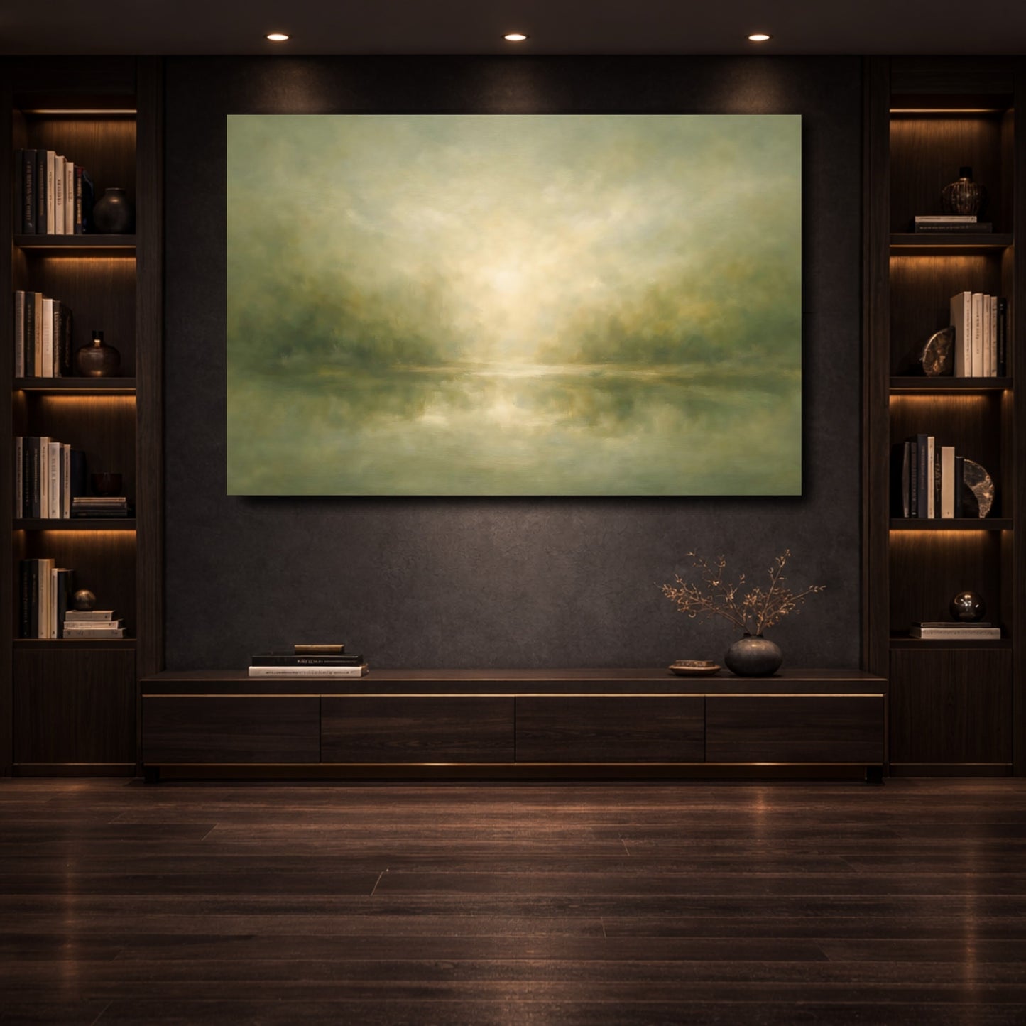 Mockup 3. Nature Misty Landscape Muted Green Landscape shown as stretched canvas wall art
