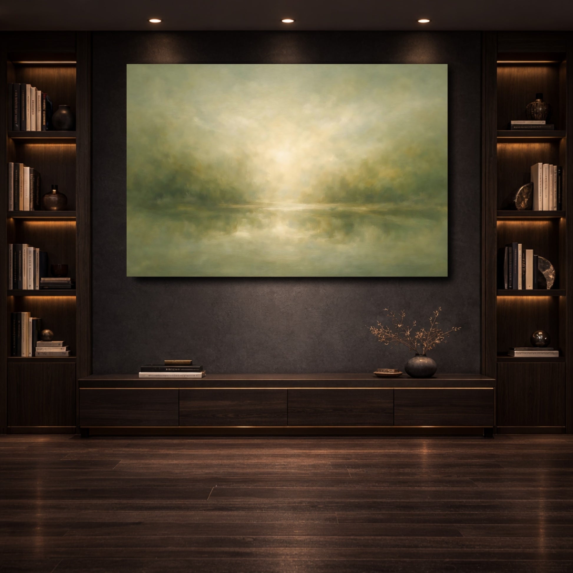 Mockup 3. Nature Misty Landscape Muted Green Landscape shown as stretched canvas wall art