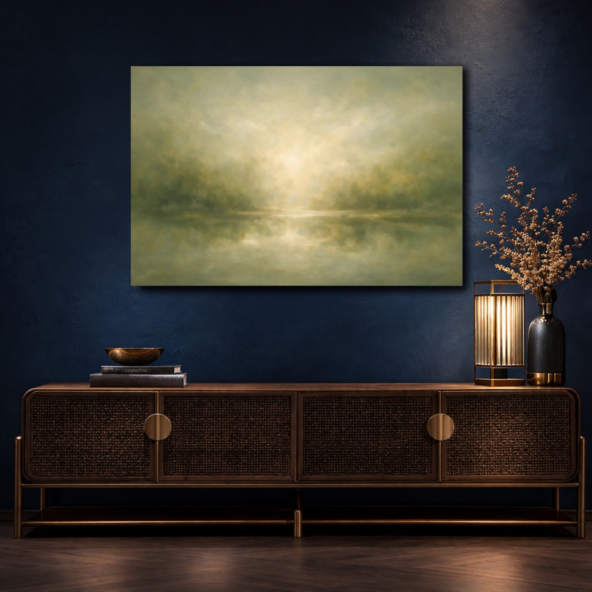 Mockup 4. Nature Misty Landscape Muted Green Landscape shown as stretched canvas wall art
