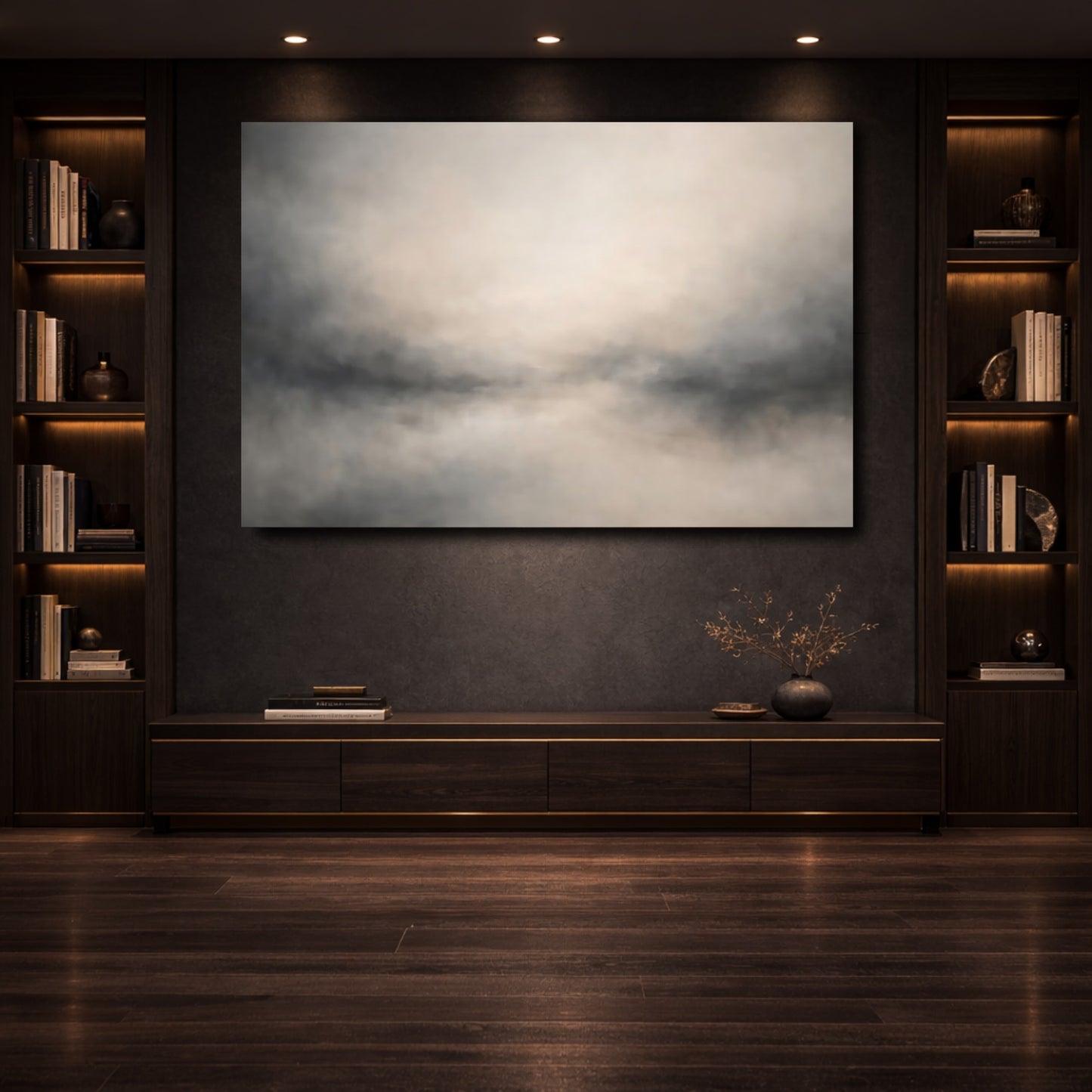 Mockup 3. Nature Misty Landscape Neutral Abstract shown as stretched canvas wall art
