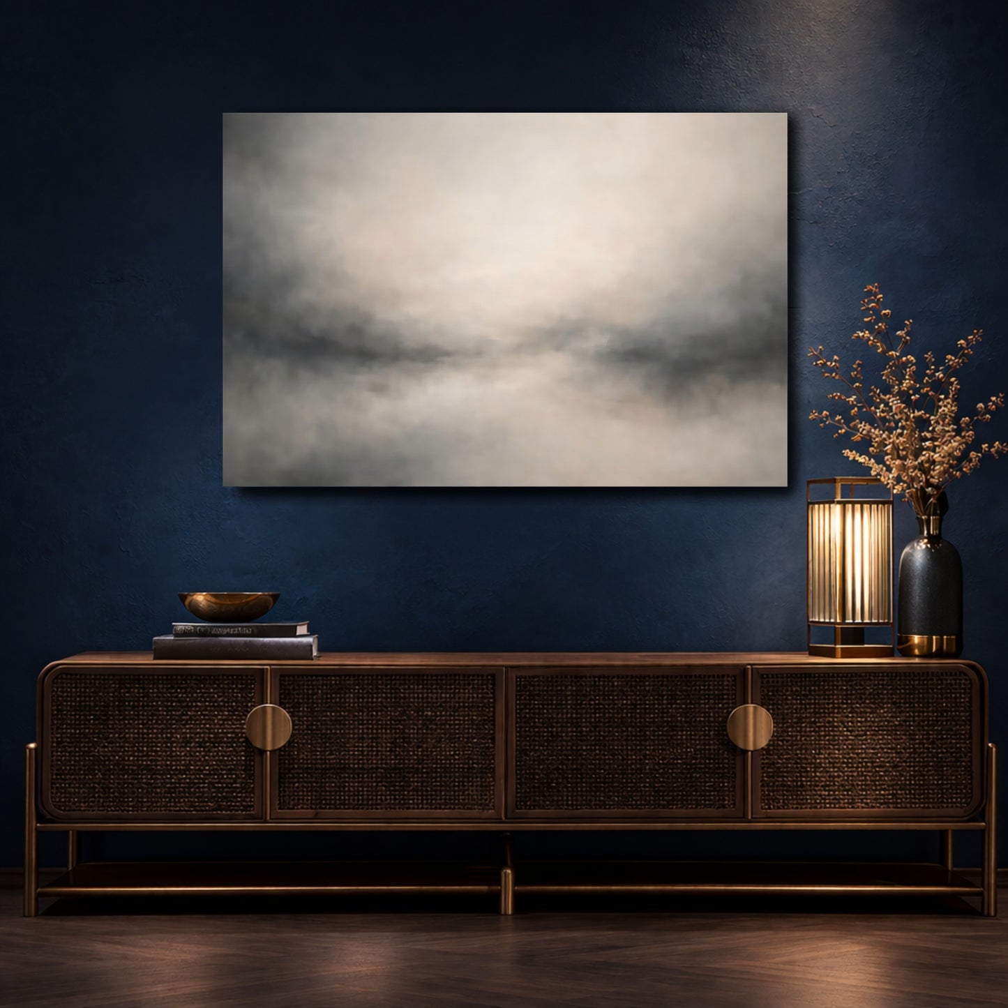 Mockup 4. Nature Misty Landscape Neutral Abstract shown as stretched canvas wall art