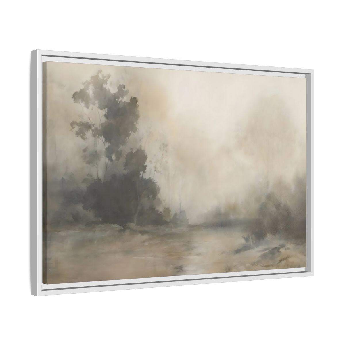 Side Mockup 10. Nature Misty Landscape Neutral Haze Landscape shown as framed canvas print