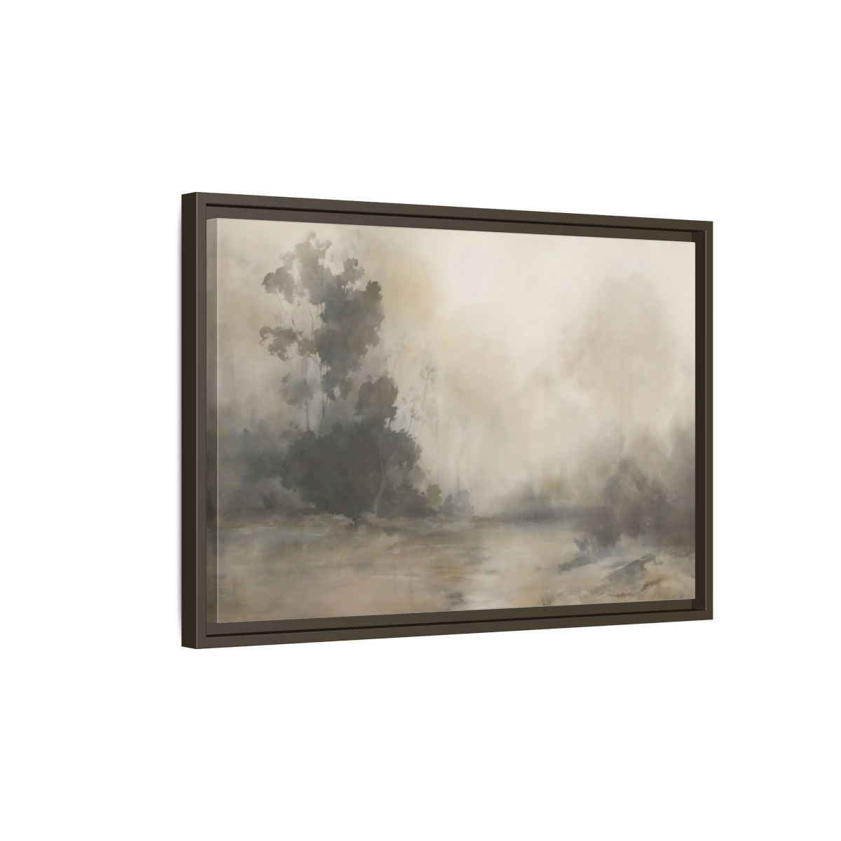 Side Mockup 2. Nature Misty Landscape Neutral Haze Landscape shown as framed canvas print
