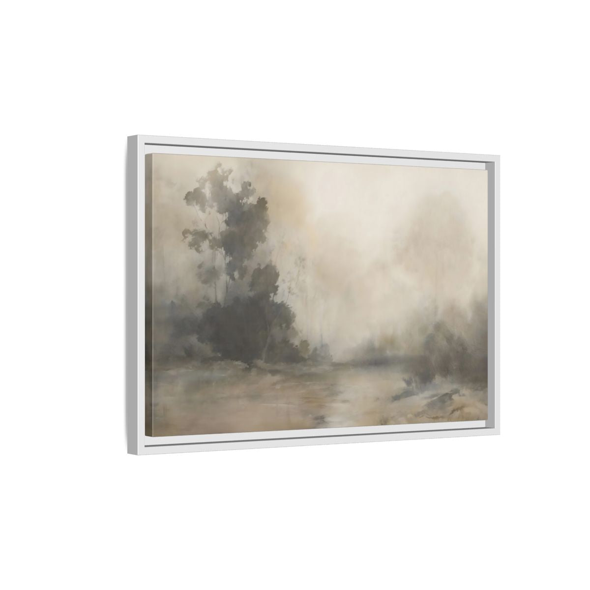 Side Mockup 1. Nature Misty Landscape Neutral Haze Landscape shown as framed canvas print
