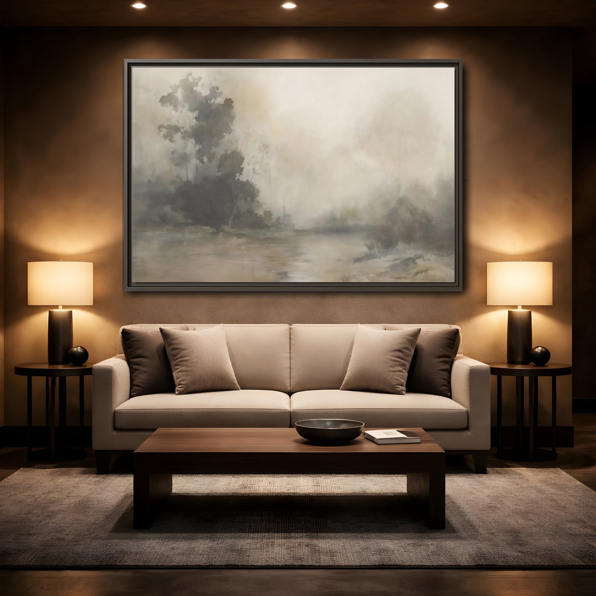 Mockup 2. Nature Misty Landscape Neutral Haze Landscape shown as framed canvas print