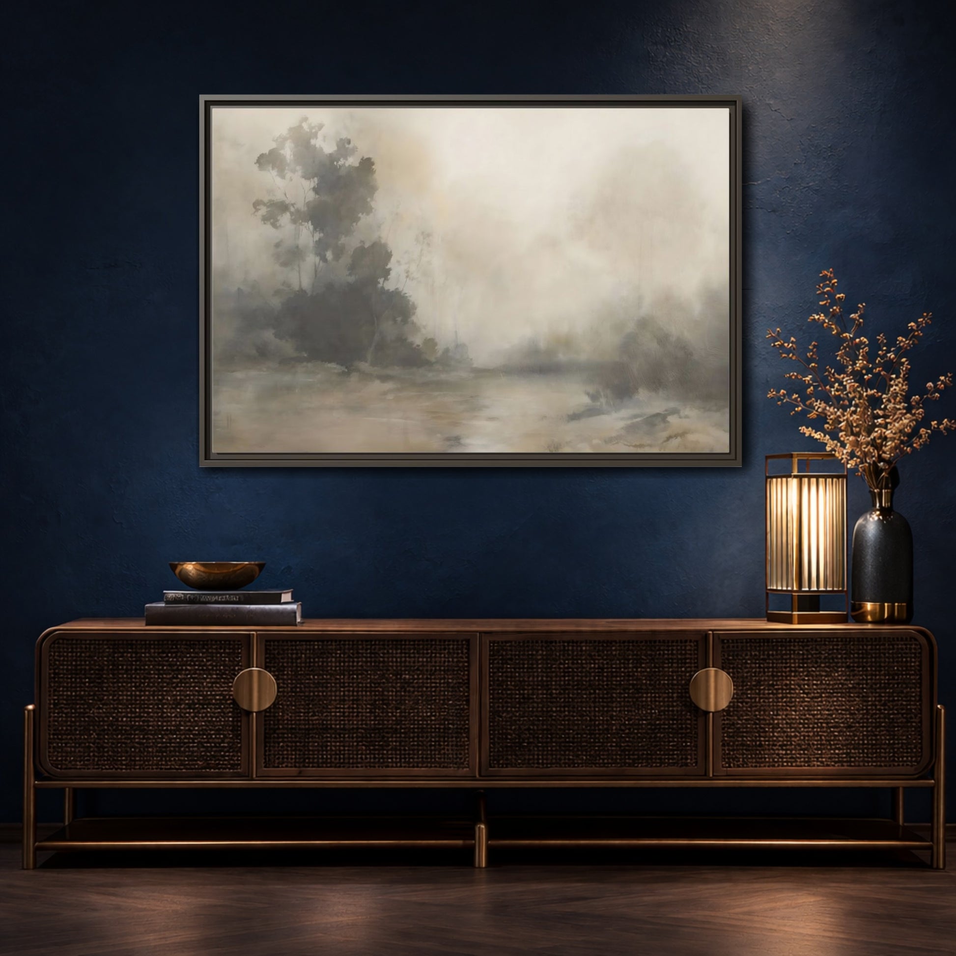 Mockup 4. Nature Misty Landscape Neutral Haze Landscape shown as framed canvas print