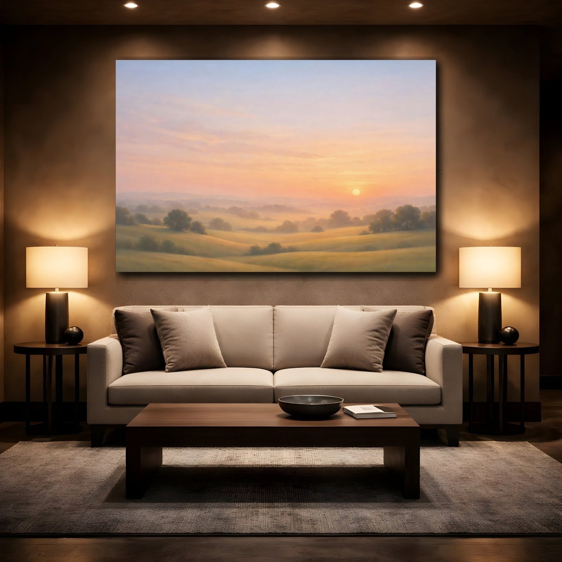 Nature Misty Landscape Orange Green - Canvas Wall Art Print - YesArtYes