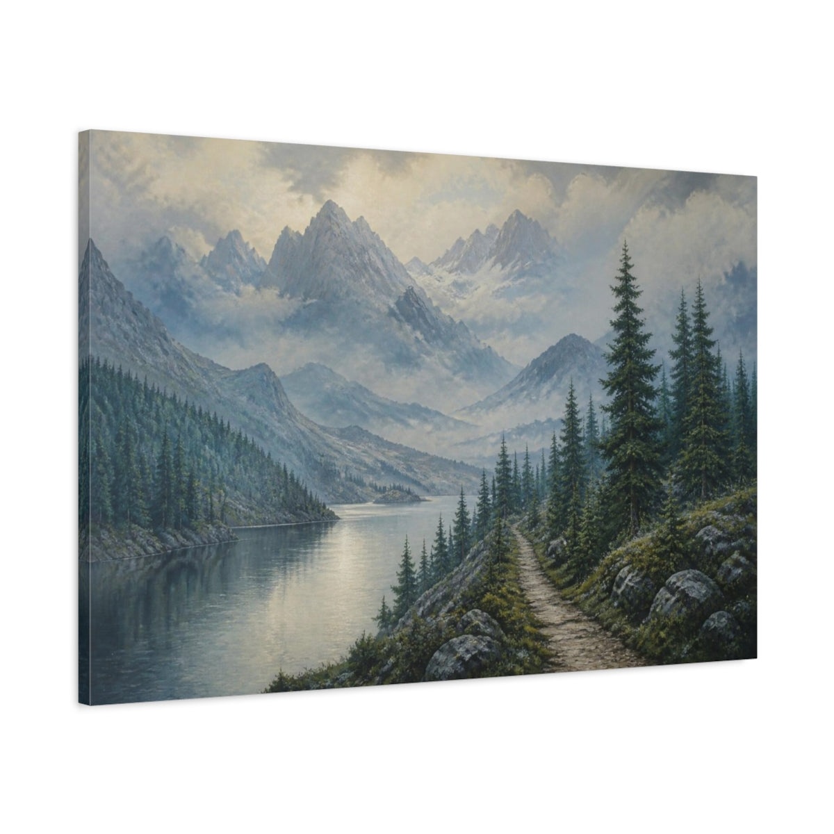 Main Mockup. Nature Misty Mountain Lake shown as canvas print
