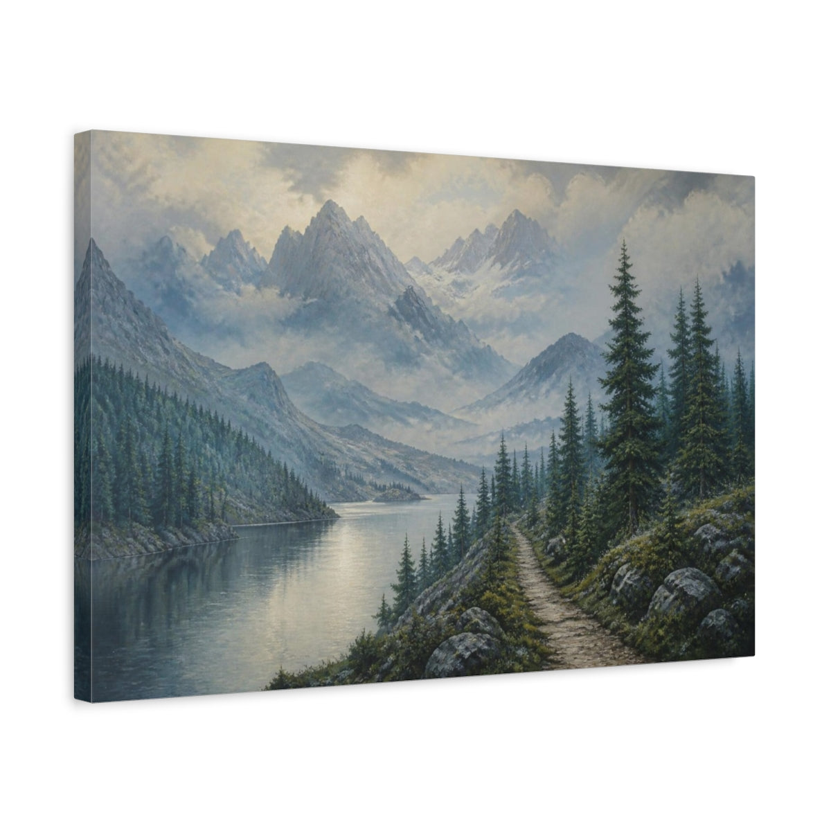 Side Mockup 3. Nature Misty Mountain Lake shown as canvas print