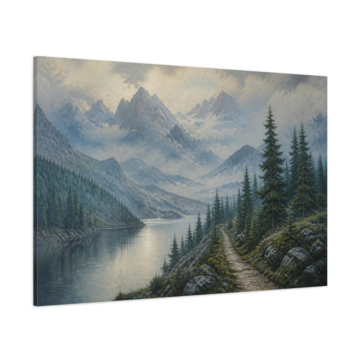 Side Mockup 1. Nature Misty Mountain Lake shown as canvas print