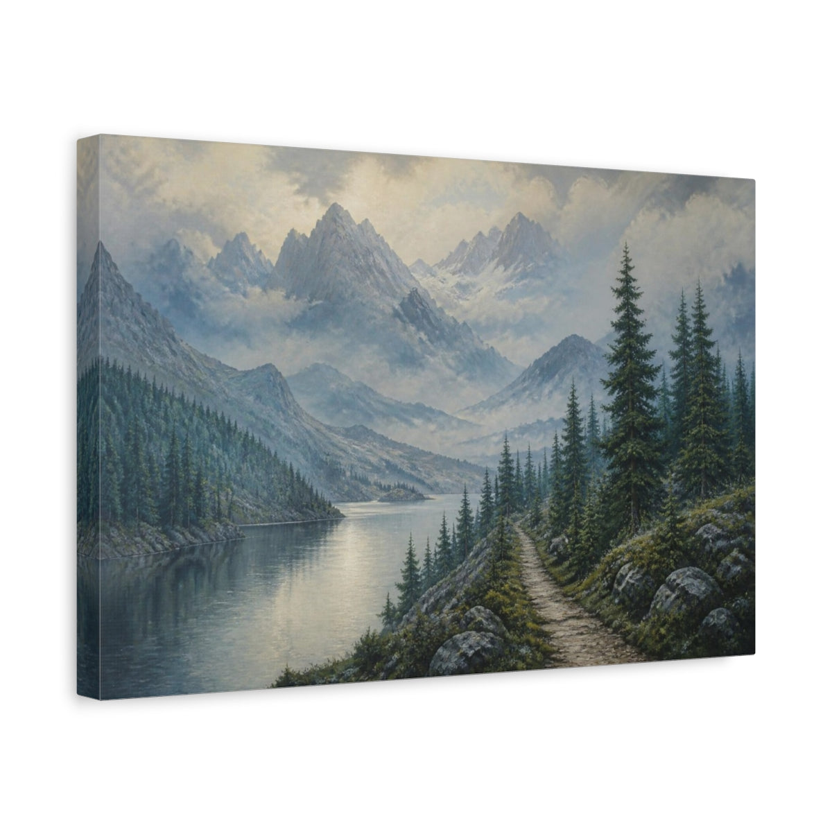 Side Mockup 4. Nature Misty Mountain Lake shown as canvas print