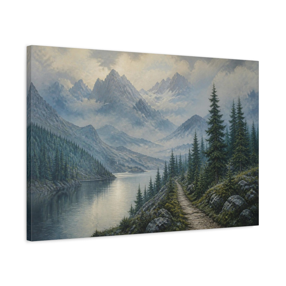 Side Mockup 2. Nature Misty Mountain Lake shown as canvas print