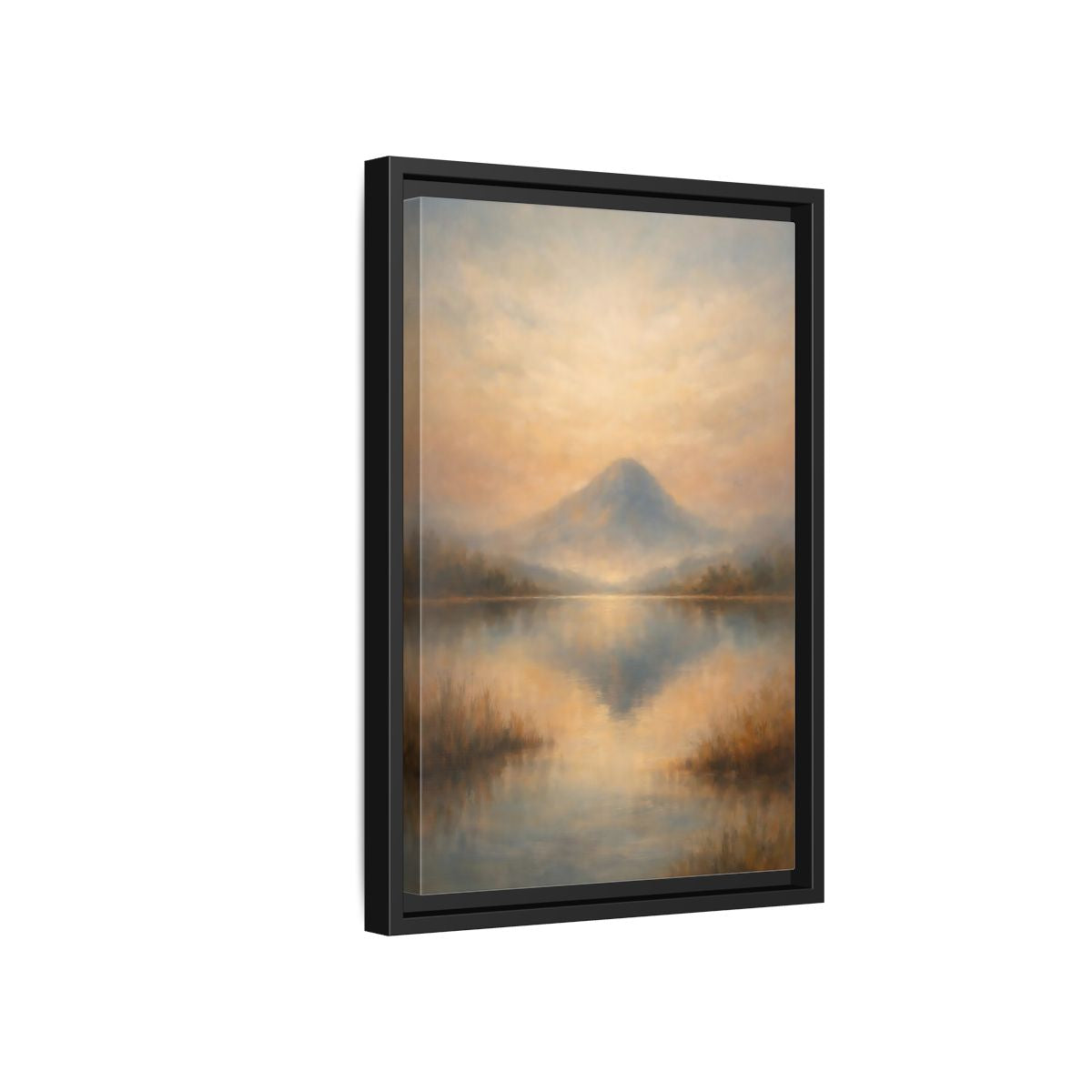 Side Mockup 6. Nature Misty Mountain Misty Mountain Lake shown as stretched canvas wall art