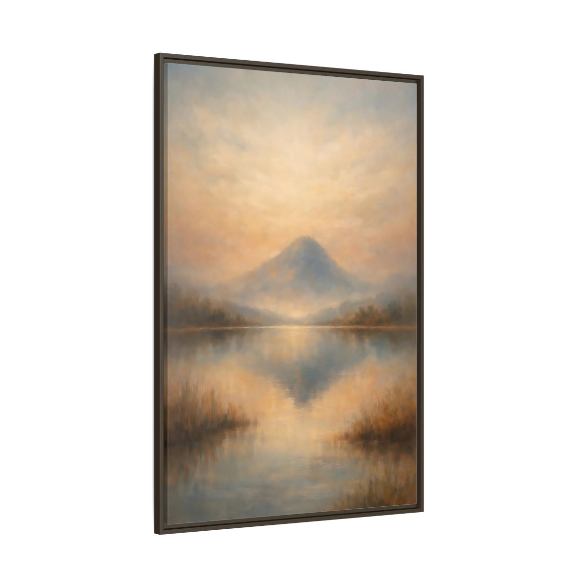 Side Mockup 8. Nature Misty Mountain Misty Mountain Lake shown as stretched canvas wall art