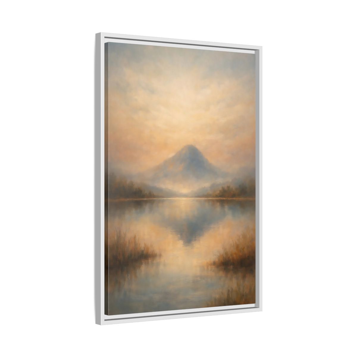 Side Mockup 11. Nature Misty Mountain Misty Mountain Lake shown as stretched canvas wall art