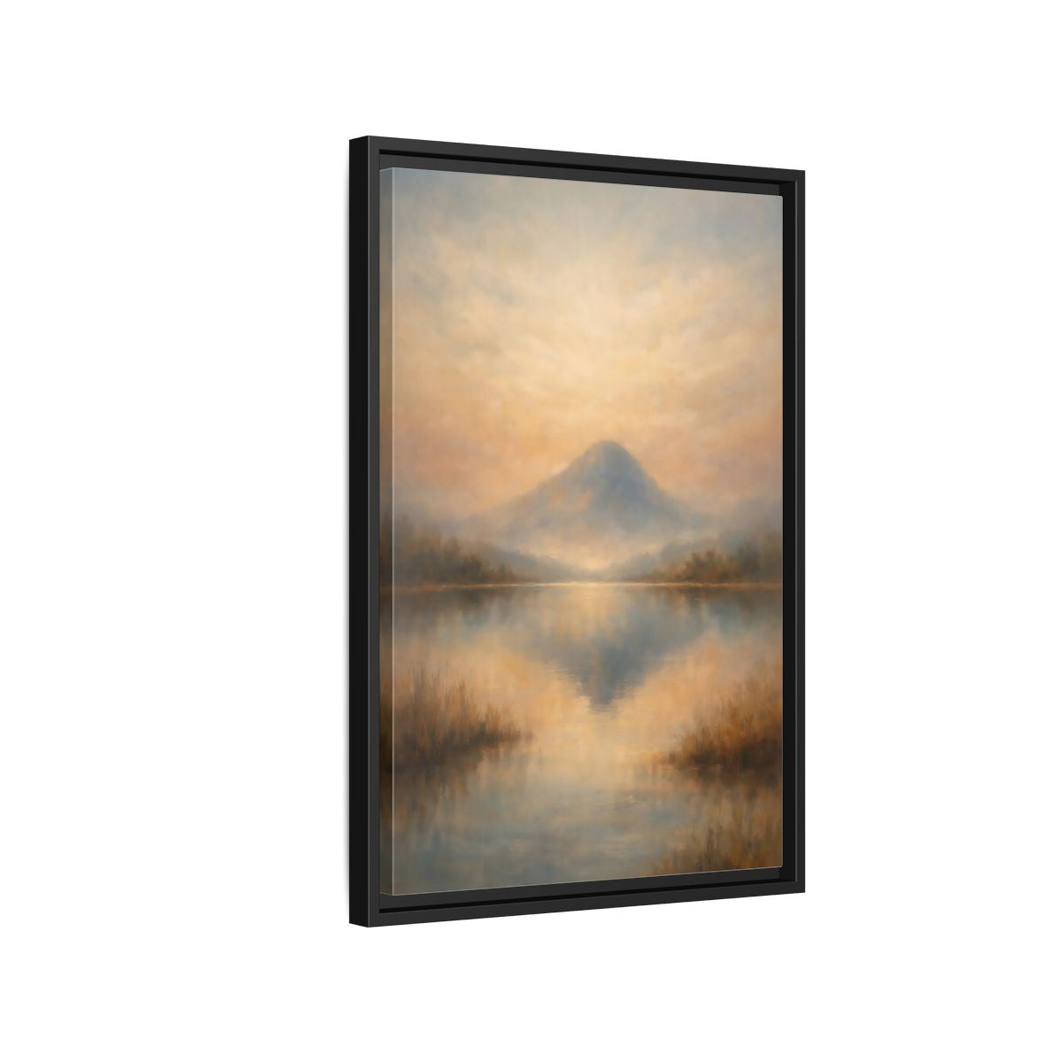 Side Mockup 3. Nature Misty Mountain Misty Mountain Lake shown as stretched canvas wall art
