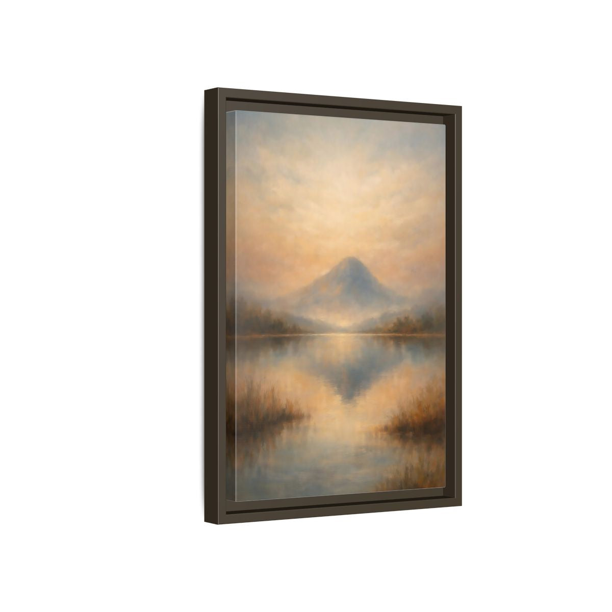 Side Mockup 5. Nature Misty Mountain Misty Mountain Lake shown as stretched canvas wall art
