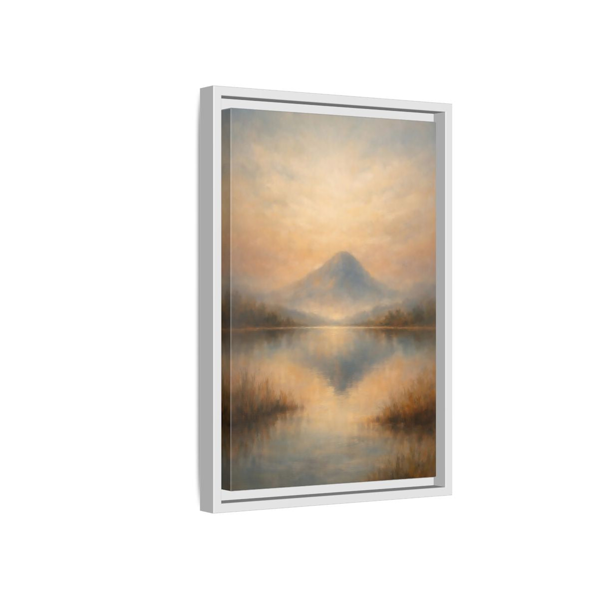 Side Mockup 4. Nature Misty Mountain Misty Mountain Lake shown as stretched canvas wall art