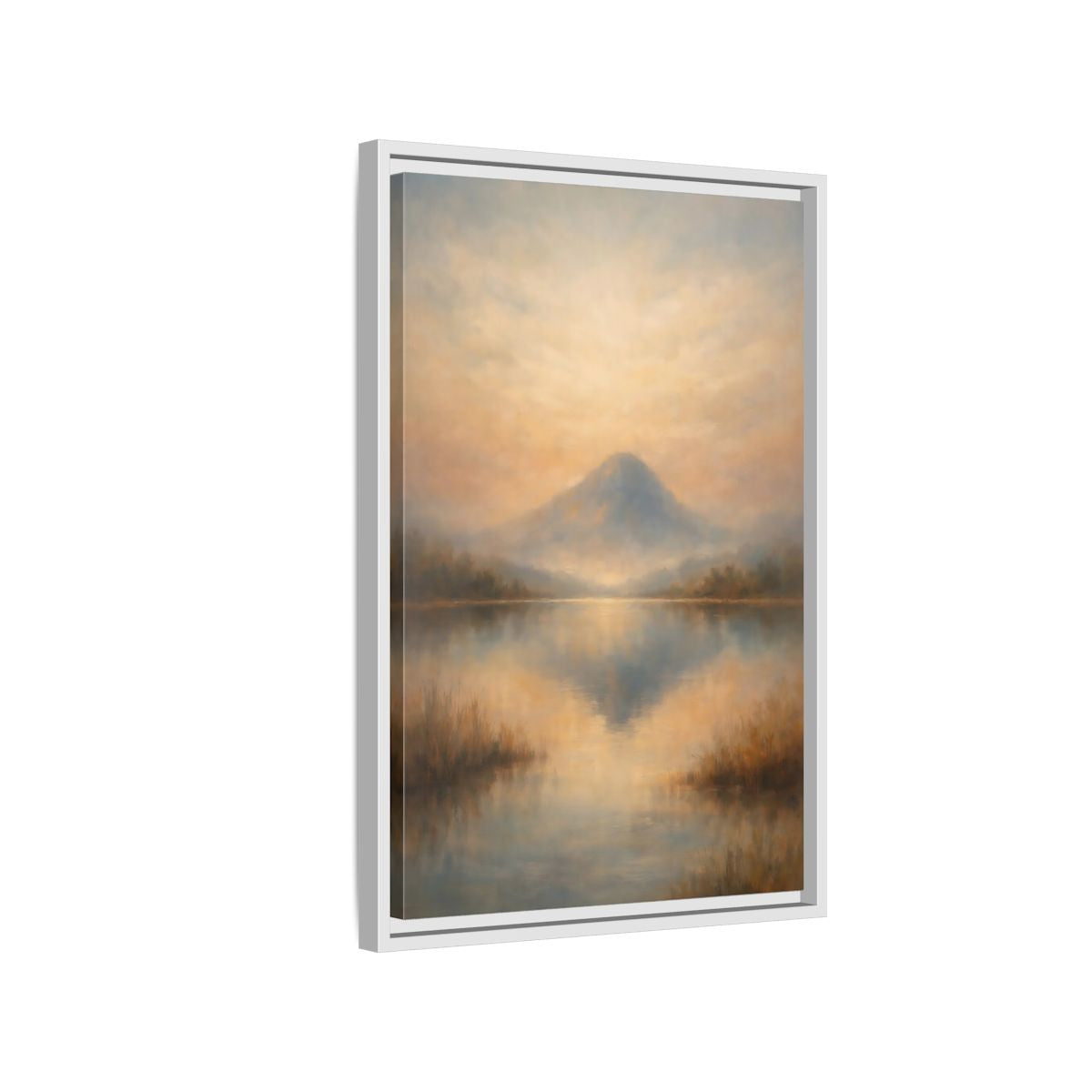 Side Mockup 1. Nature Misty Mountain Misty Mountain Lake shown as stretched canvas wall art