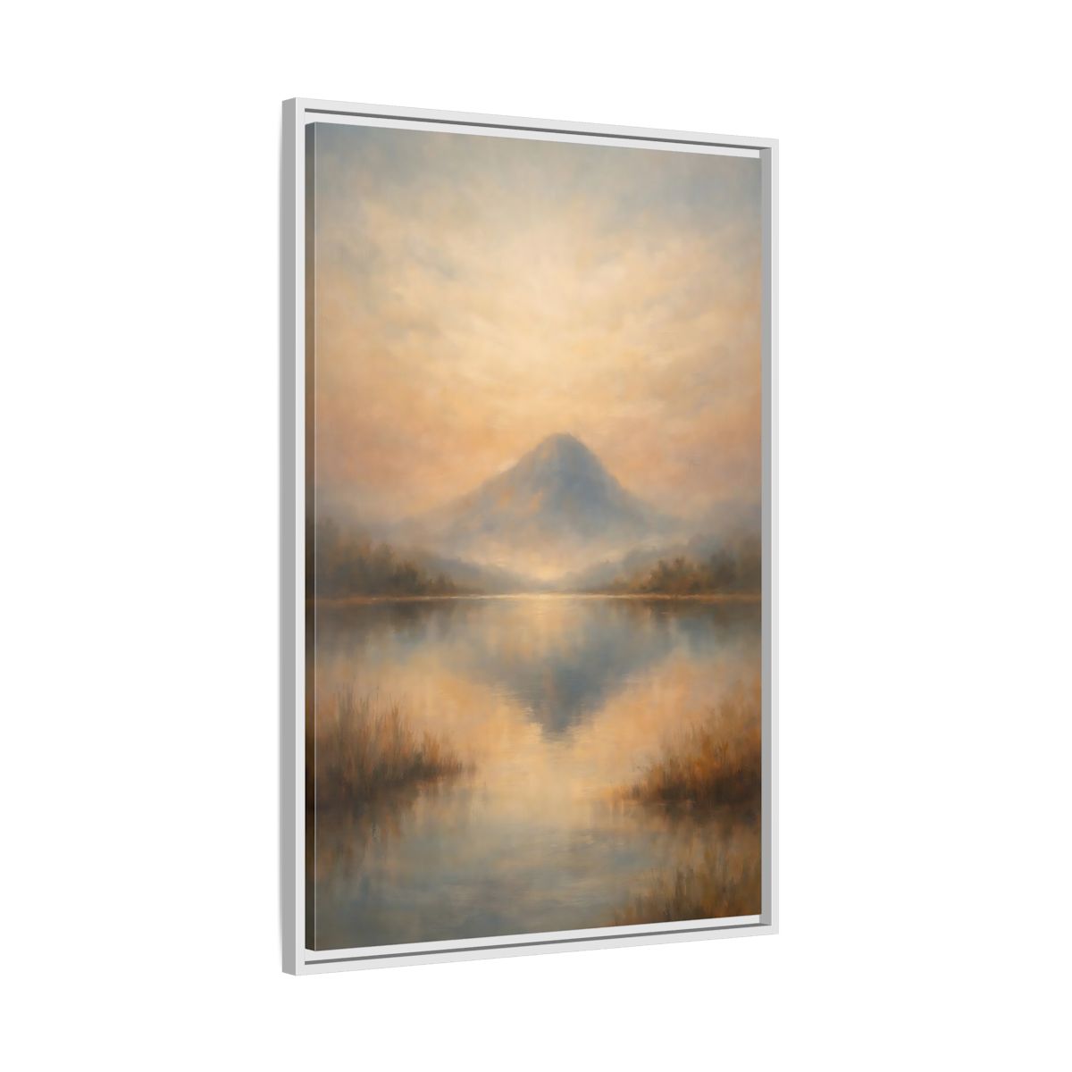 Side Mockup 9. Nature Misty Mountain Misty Mountain Lake shown as stretched canvas wall art