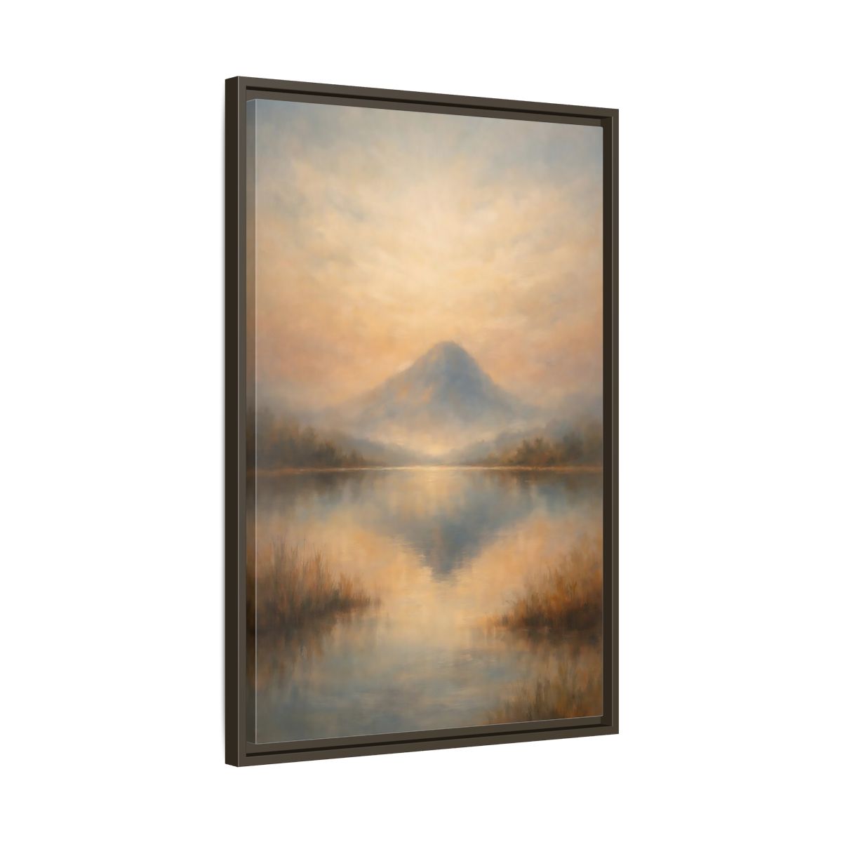 Side Mockup 12. Nature Misty Mountain Misty Mountain Lake shown as stretched canvas wall art