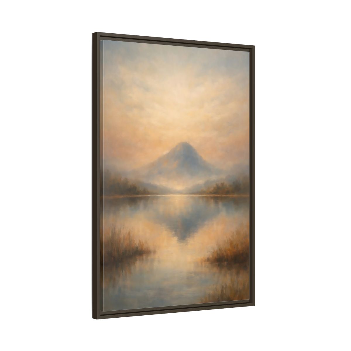 Side Mockup 10. Nature Misty Mountain Misty Mountain Lake shown as stretched canvas wall art