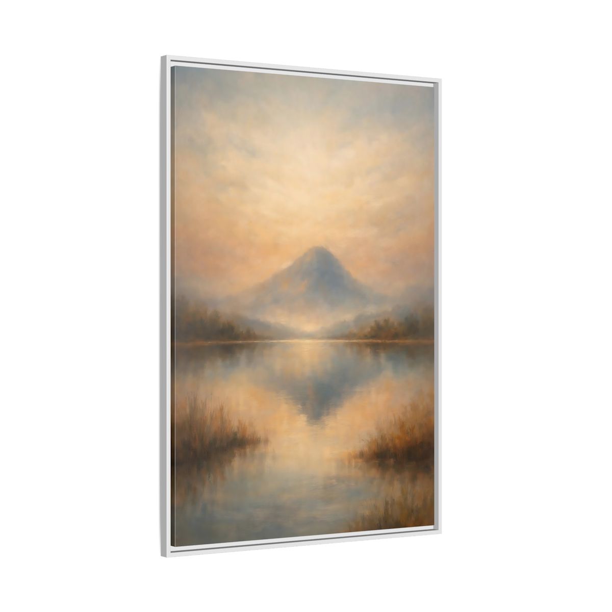 Side Mockup 7. Nature Misty Mountain Misty Mountain Lake shown as stretched canvas wall art