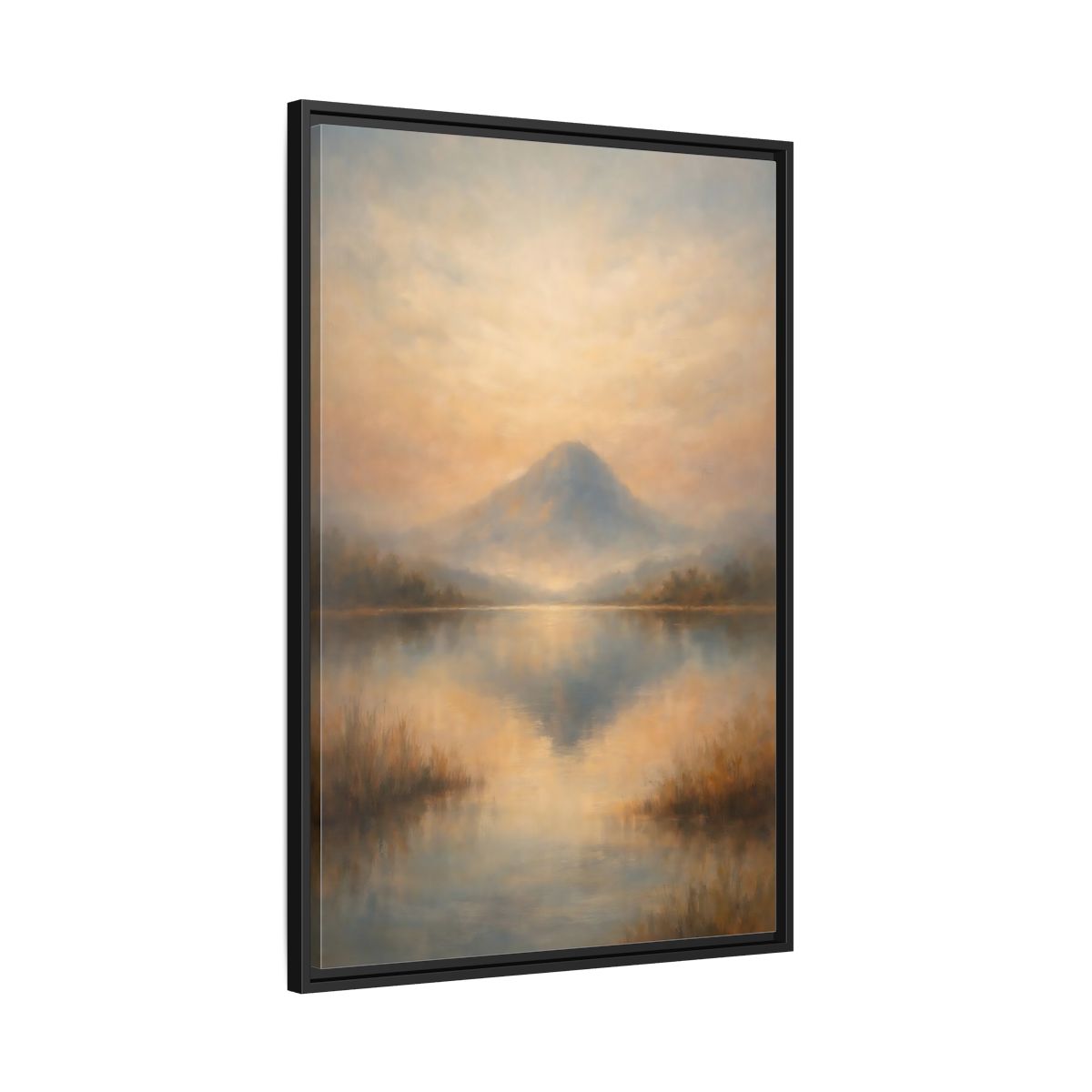 Side Mockup 13. Nature Misty Mountain Misty Mountain Lake shown as stretched canvas wall art