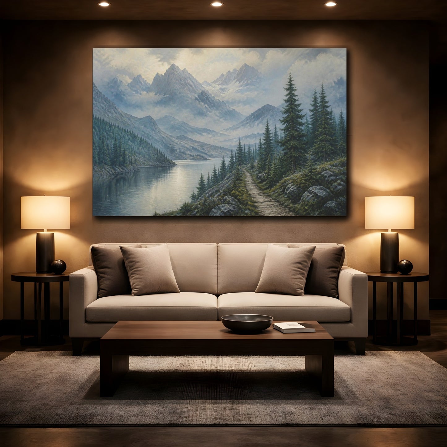 Mockup 2. Nature Misty Mountain Lake shown as canvas print