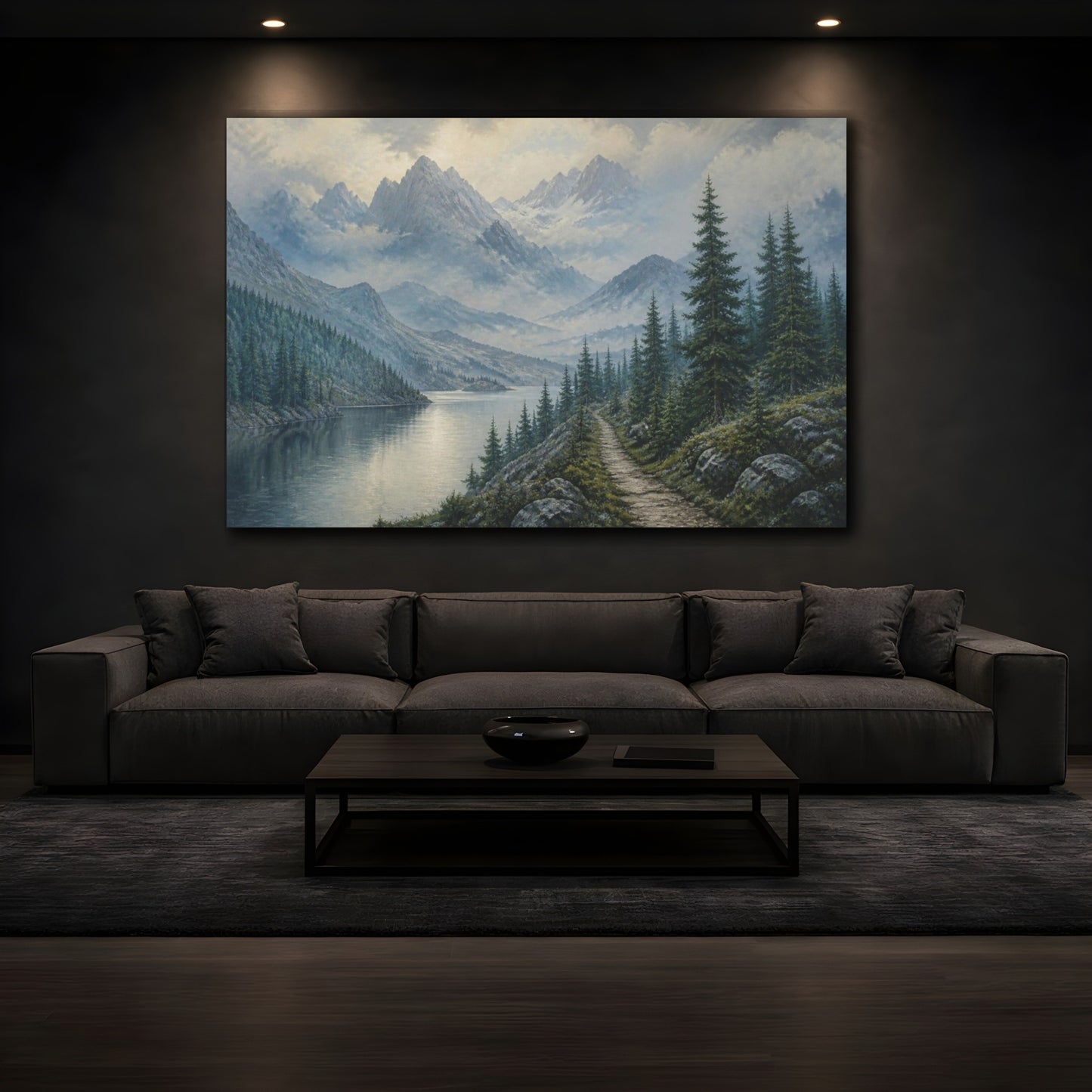 Mockup 3. Nature Misty Mountain Lake shown as canvas print