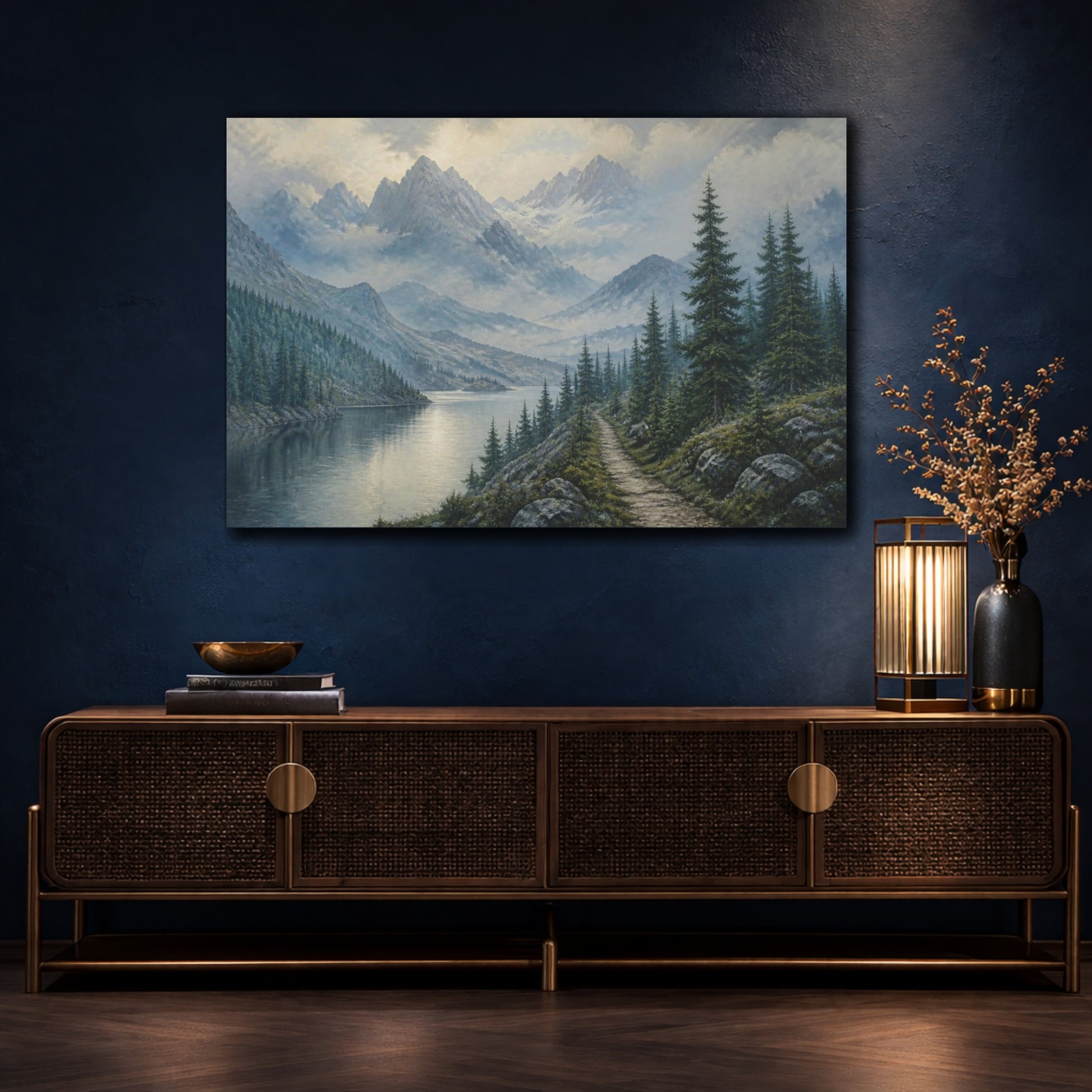 Mockup 4. Nature Misty Mountain Lake shown as canvas print