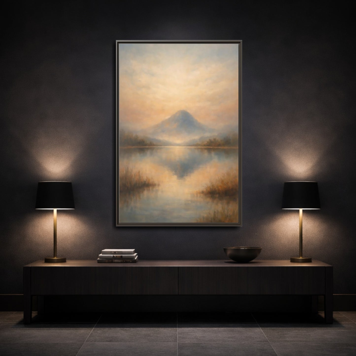 Mockup 2. Nature Misty Mountain Misty Mountain Lake shown as stretched canvas wall art