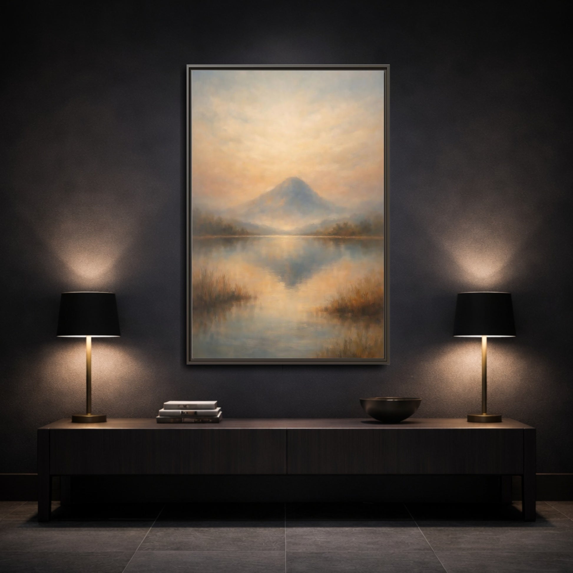 Mockup 2. Nature Misty Mountain Misty Mountain Lake shown as stretched canvas wall art