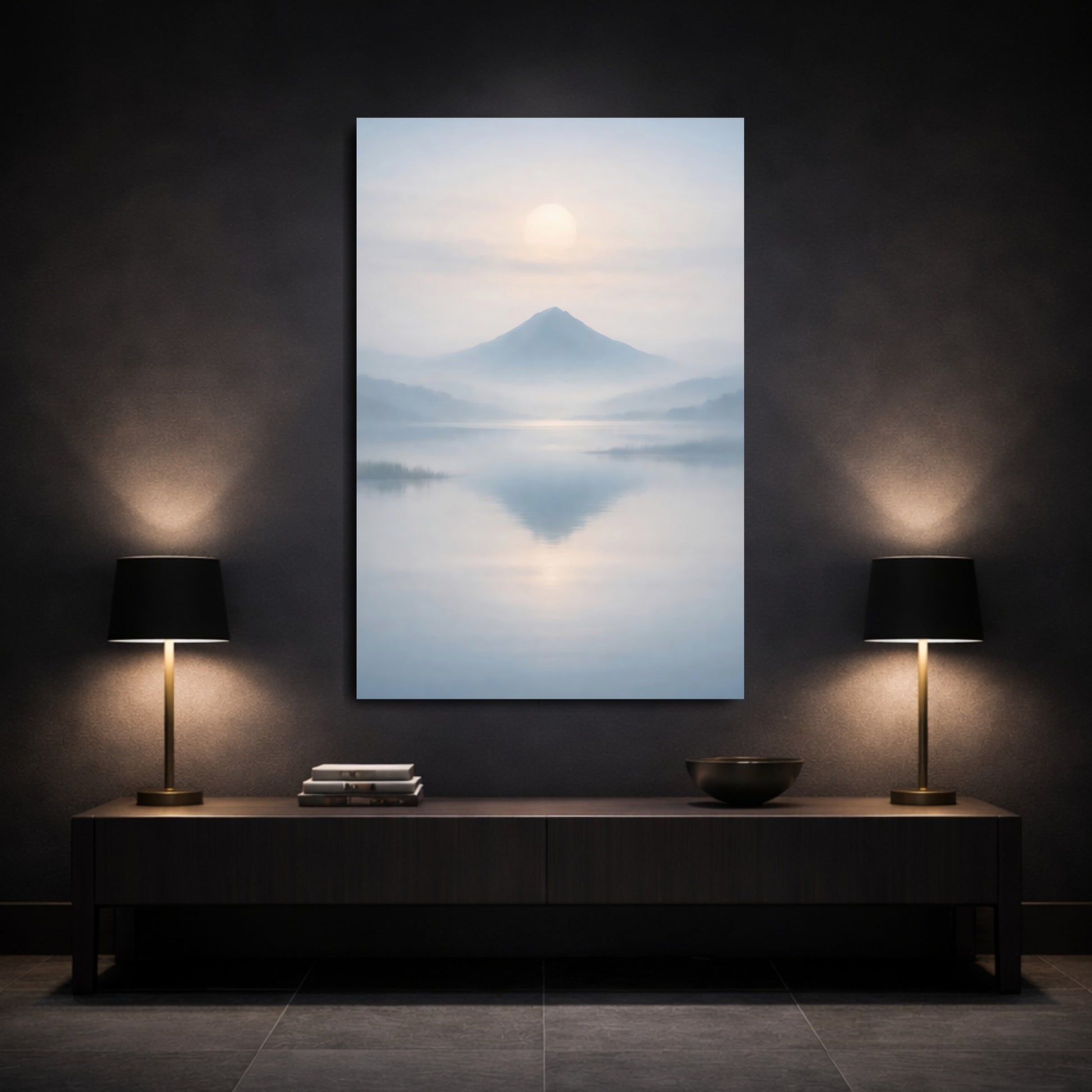 Nature Misty Mountain Misty Mountain Lake shown as front canvas room wall art