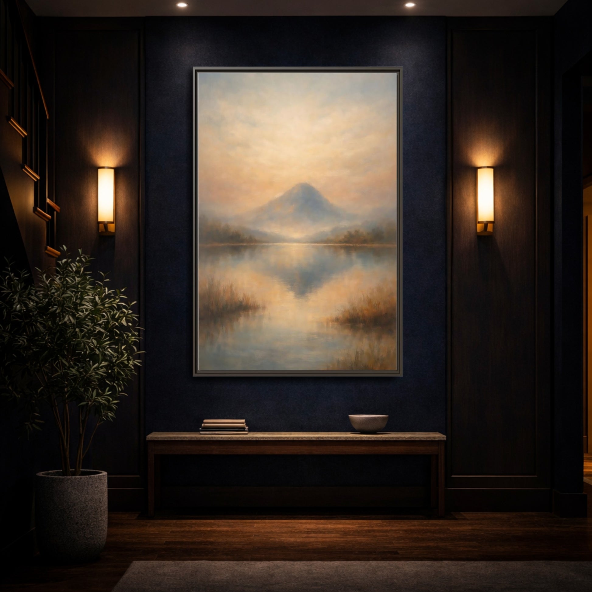 Mockup 3. Nature Misty Mountain Misty Mountain Lake shown as stretched canvas wall art