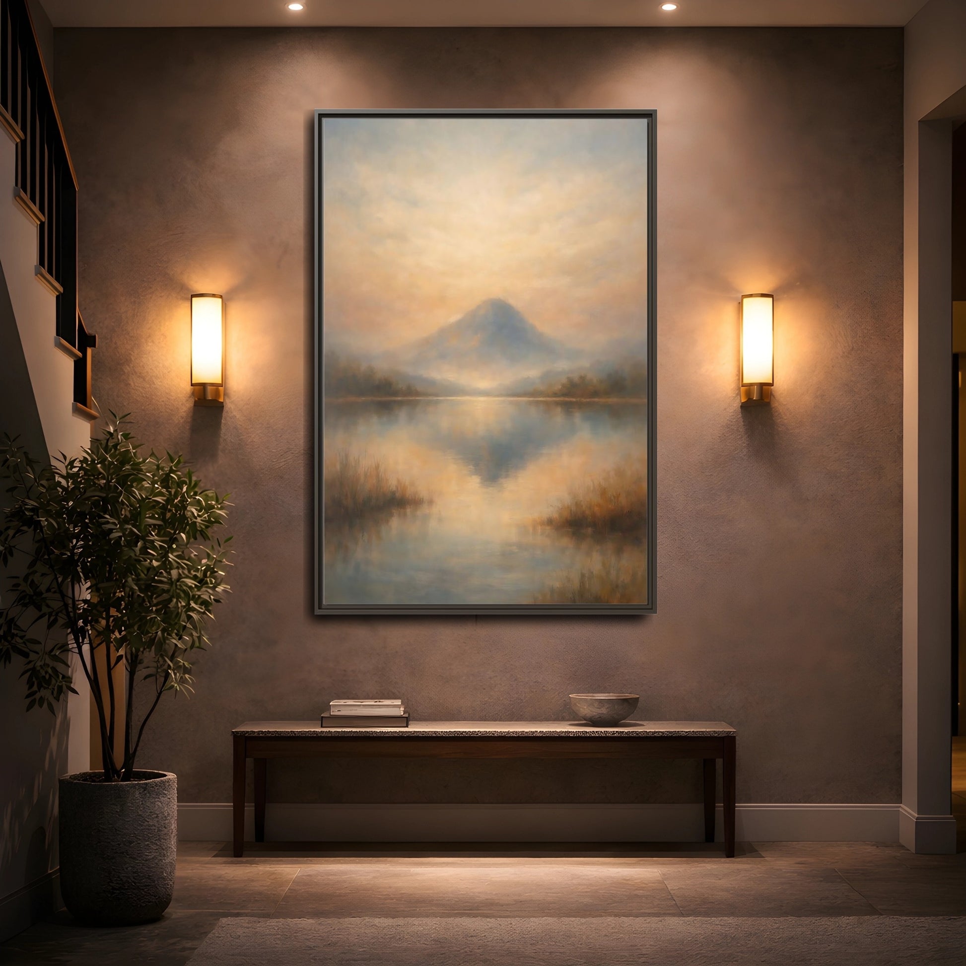 Mockup 4. Nature Misty Mountain Misty Mountain Lake shown as stretched canvas wall art