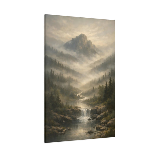 Nature Misty Mountain Misty Mountain River shown as stretched canvas wall art