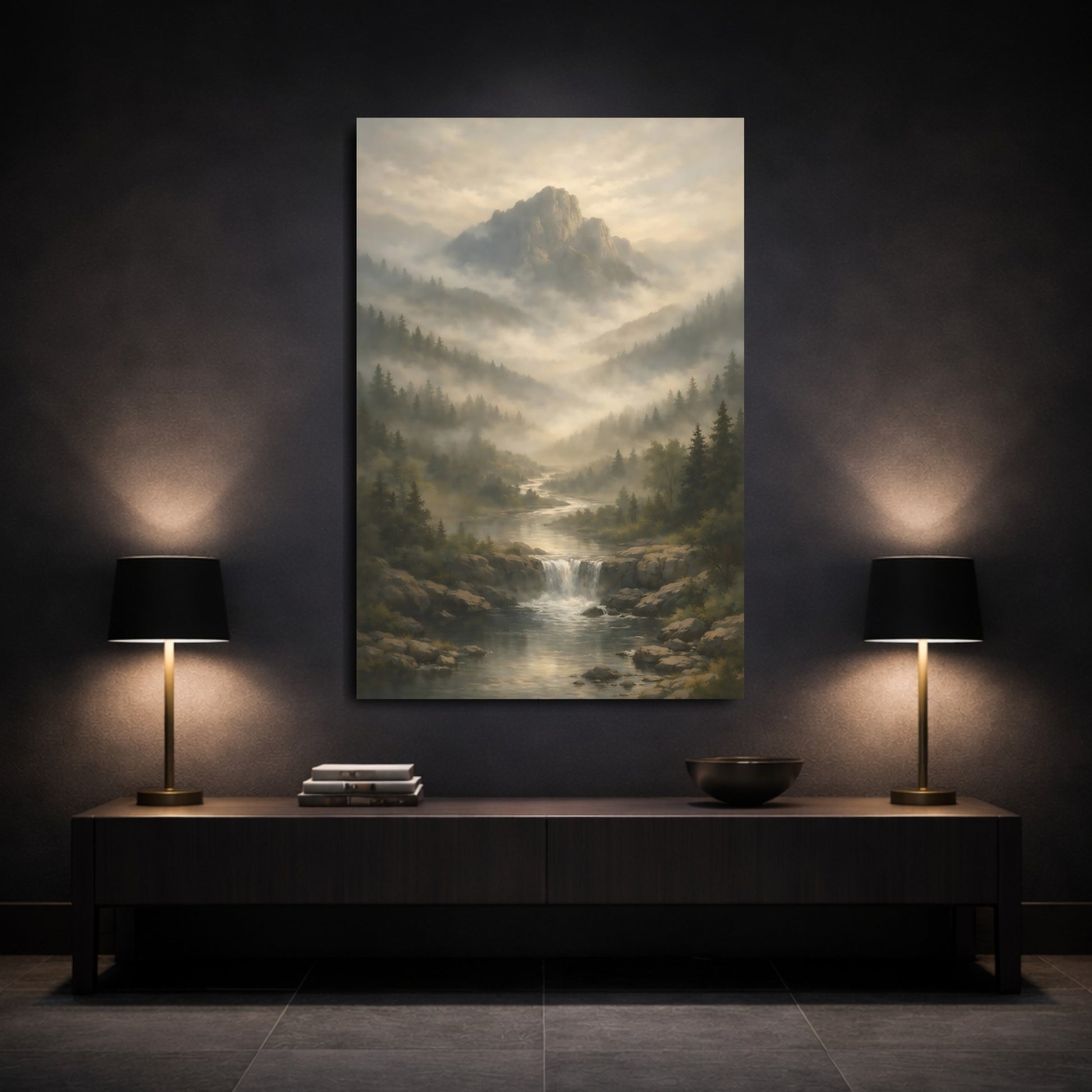 Nature Misty Mountain Misty Mountain River shown as front canvas room wall art