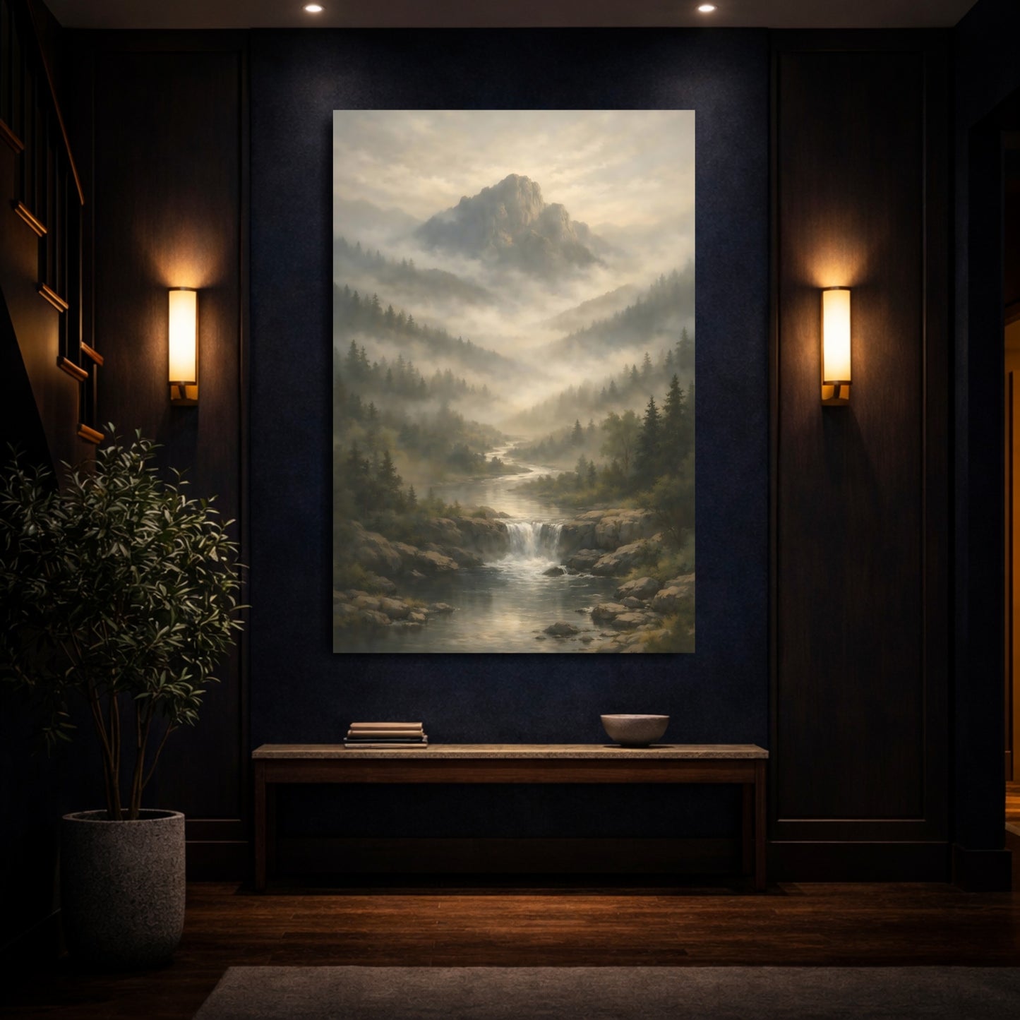 Nature Misty Mountain Misty Mountain River shown as front canvas room wall art