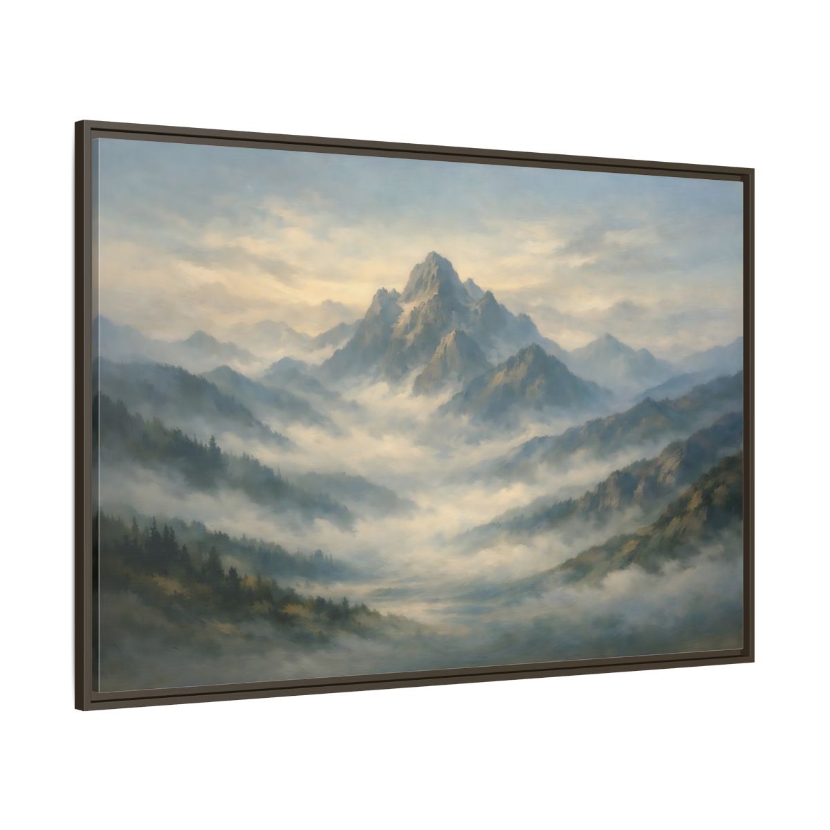 Main Mockup. Nature Misty Mountains Blue Green Landscape shown as stretched canvas wall art