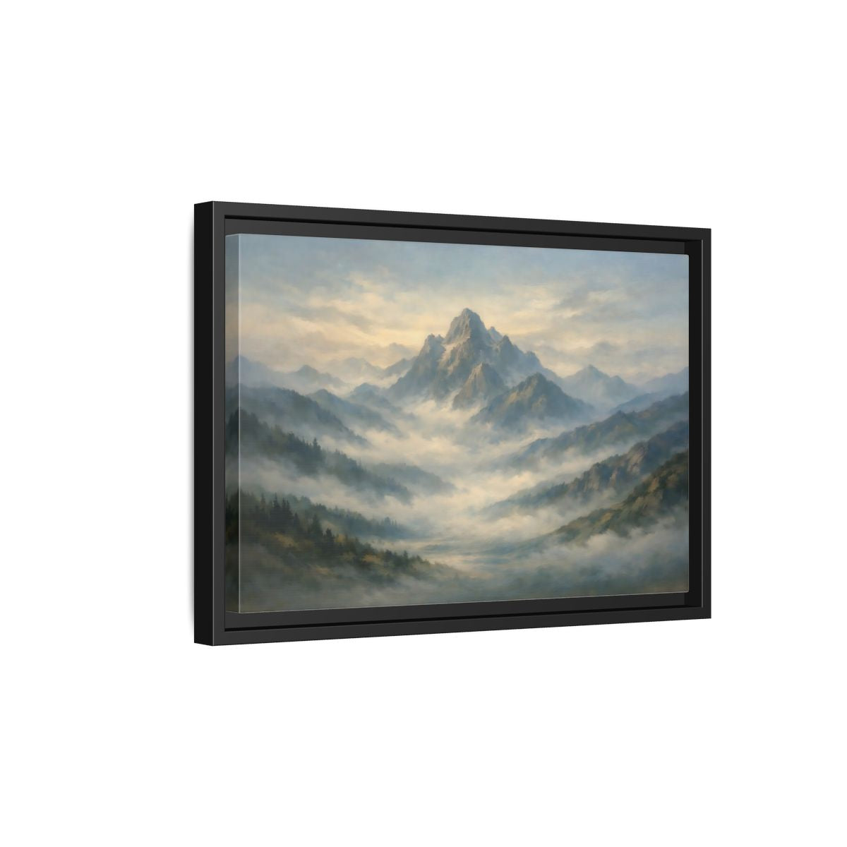 Side Mockup 6. Nature Misty Mountains Blue Green Landscape shown as stretched canvas wall art