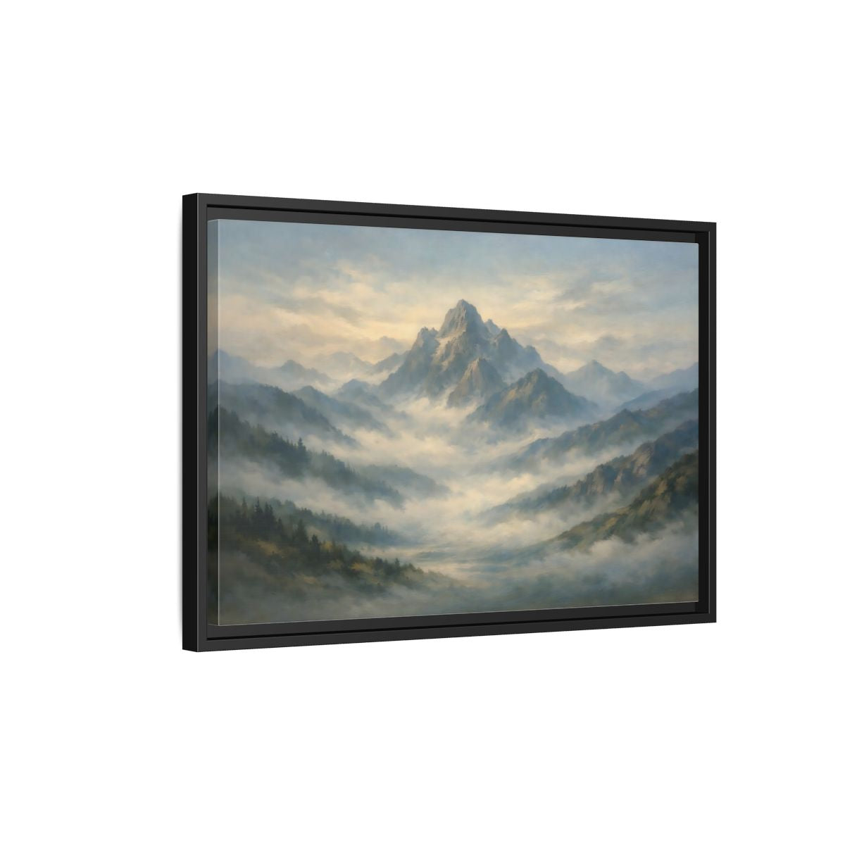 Side Mockup 3. Nature Misty Mountains Blue Green Landscape shown as stretched canvas wall art